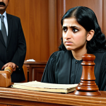 **A Pakistani family courtroom scene. A woman stands looking distraught, a man smirking in the background. Gavel on the judge's bench. Symbolic of unequal divorce laws based on Sharia.**