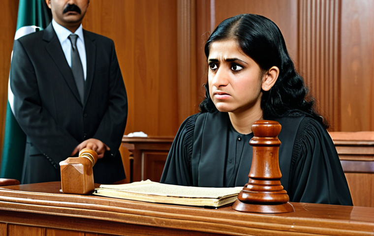 **A Pakistani family courtroom scene. A woman stands looking distraught, a man smirking in the background. Gavel on the judge's bench. Symbolic of unequal divorce laws based on Sharia.**