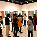"A vibrant, chaotic contemporary art gallery in Karachi, Pakistan, filled with people at an opening night. Focus on the diverse crowd discussing art, with glimpses of bold, colorful paintings and installations reflecting themes of social inequality and women's rights. Koel Gallery in the background. Dynamic, energetic atmosphere."