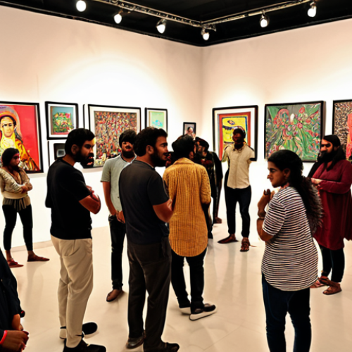 "A vibrant, chaotic contemporary art gallery in Karachi, Pakistan, filled with people at an opening night. Focus on the diverse crowd discussing art, with glimpses of bold, colorful paintings and installations reflecting themes of social inequality and women's rights. Koel Gallery in the background. Dynamic, energetic atmosphere."