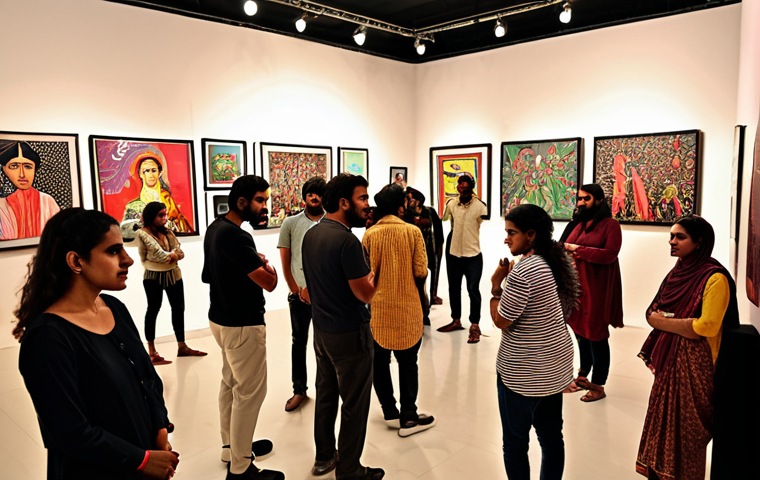 "A vibrant, chaotic contemporary art gallery in Karachi, Pakistan, filled with people at an opening night. Focus on the diverse crowd discussing art, with glimpses of bold, colorful paintings and installations reflecting themes of social inequality and women's rights. Koel Gallery in the background. Dynamic, energetic atmosphere."